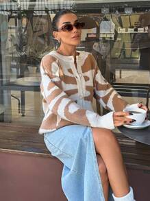 EURMUSE Women Geometrical Pattern Hairy Yarn Front Button Cardigan - Multicolor - View 3