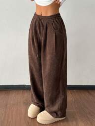 SHEIN PETITE Women's Autumn And Winter Street Fashion Casual Retro Corduroy Textured Pants