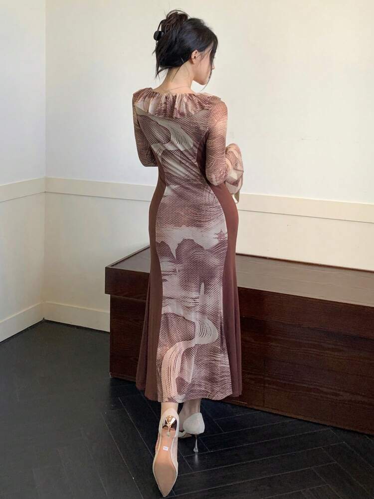 Floral Print Long Sleeve Mid-Length Ruffle Hem Dress, Fall Clothes Dress