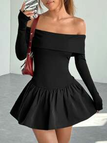 SHEIN EZwear Women's Elegant Solid Color Off Shoulder Floral Ruffle Hem Mini Dress, Autumn Season - Black - View 6