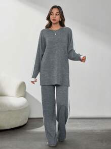 SHEIN Tall Sweater And Pants Two-Piece Set With Raglan Sleeve - Dark Grey - View 5