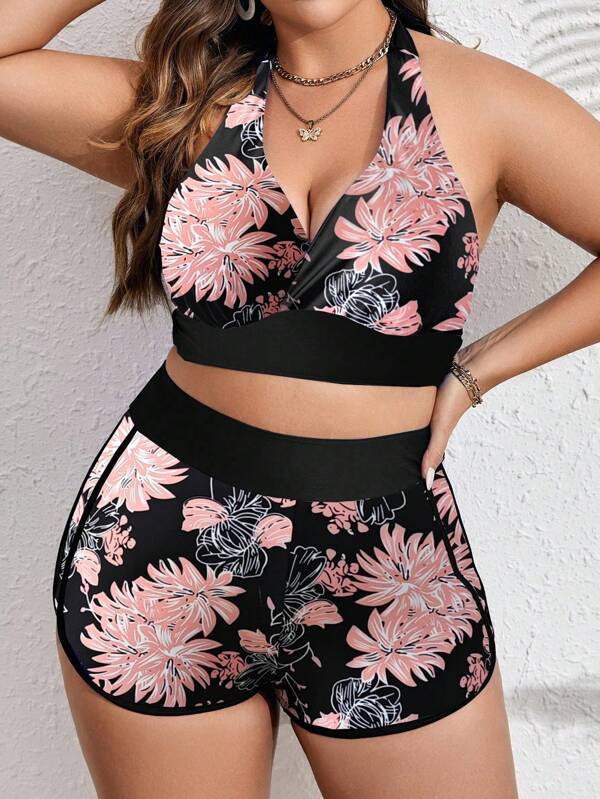 Swim Lushoire Set Bikini Femei Dimensiune Plus, Imprimare Plante Tropicale Gât Halter Despicat Vară