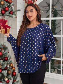 SHEIN LUNE Fall Outfits,Plus Size Allover Print Crew Neck Long Sleeve Casual Blouse New Years Women Outfit Holiday Outfit Sequin/Sparkly - Navy Blue - View 3