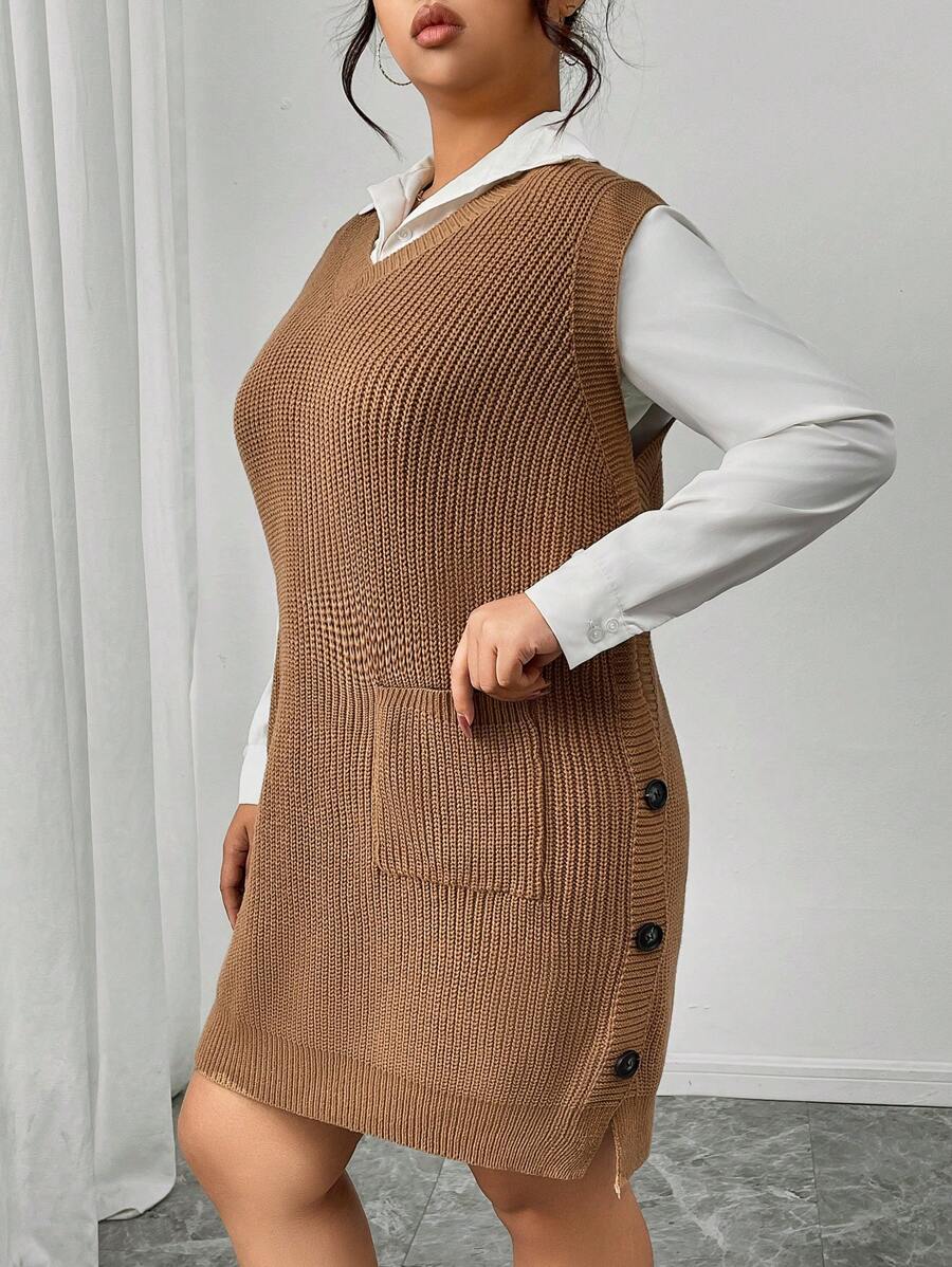 SHEIN Frenchy Váy len dệt kim cỡ lớn thời trang thu đông cho nữ mặc hàng ngày - Lạc đà - Xem 1