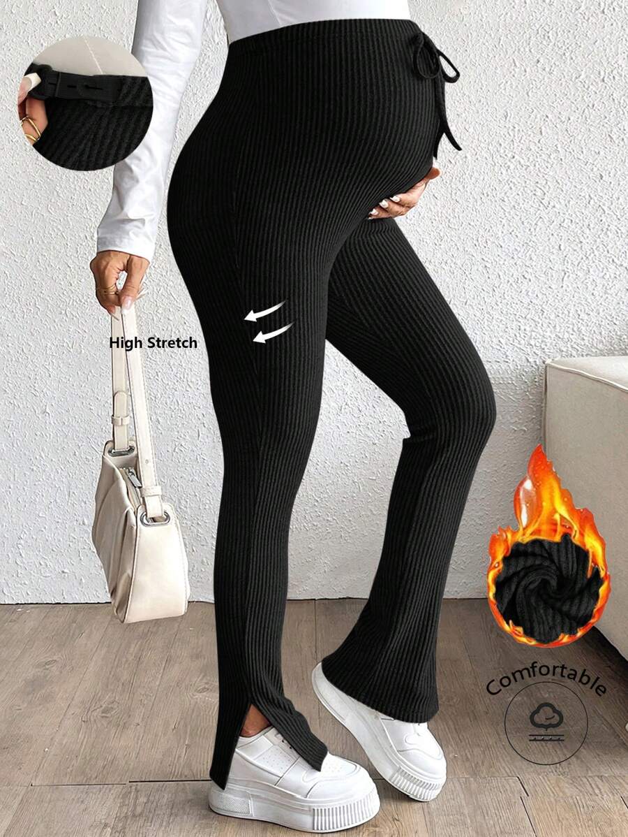 SHEIN 孕妇女士罗纹紧身可调节腰部休闲开衩紧身裤 - 黑色 - 查看 1