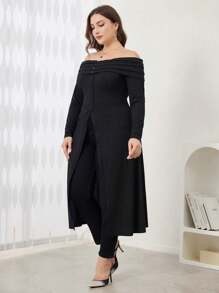 Modelyn 1pc Women Plus Size Off-Shoulder Ruched Slit Hem Elegant Extra Long T-Shirt - Black - View 5