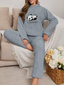 EURMUSE 2-teiliges Pyjama-Set aus Plüsch mit Panda-Stickerei-Detail - Graublau - Übersicht 3
