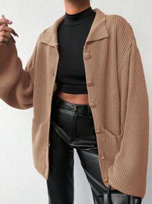 EURMUSE Women's Solid Color Turndown Collar Long Sleeve Front Button Pocket Loose Casual Blouse - Camel - View 4