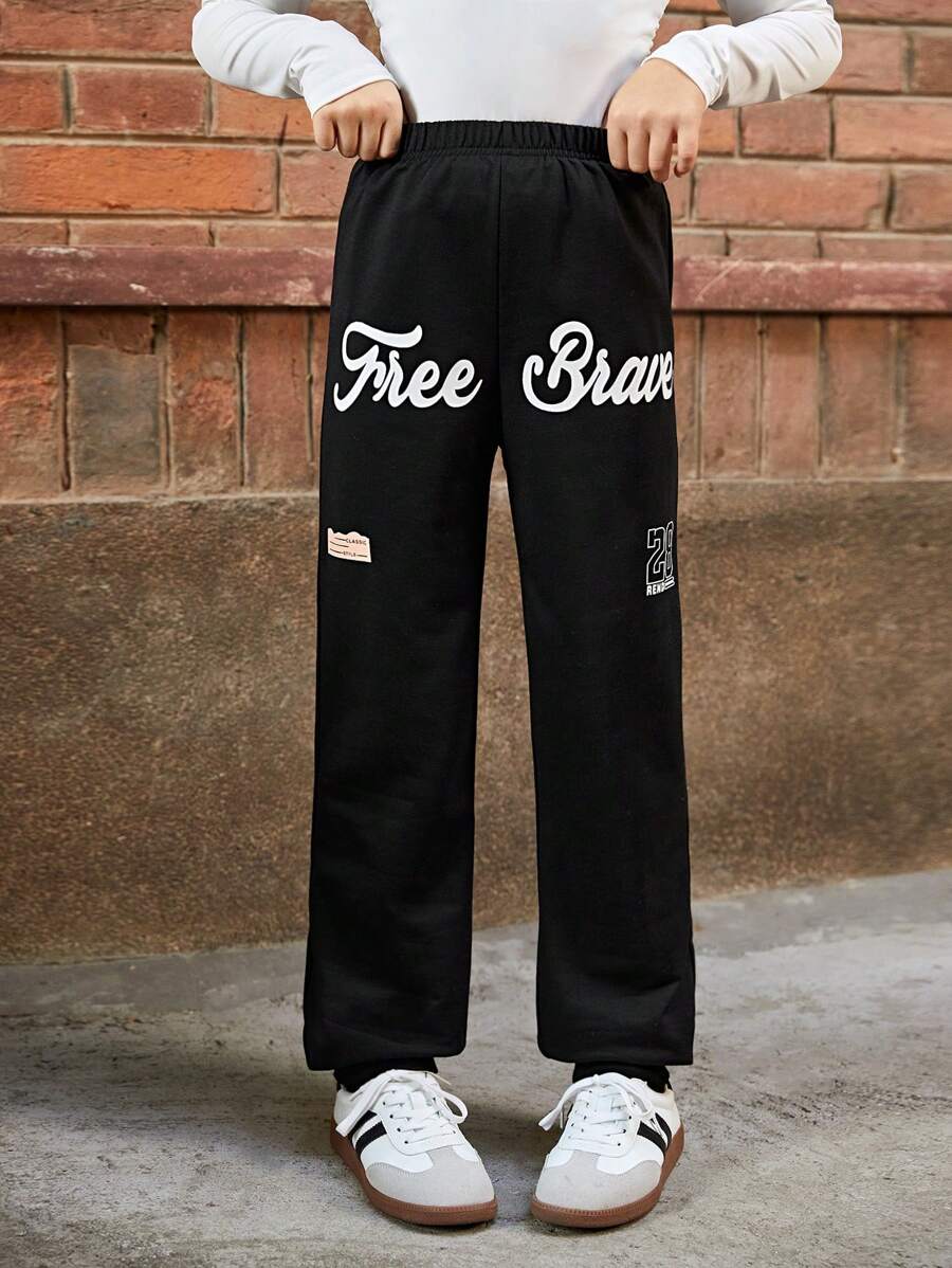 SHEIN Tween Girl Letter & Number Print Elastic Waist Casual Jogger Pants - Black - View 1