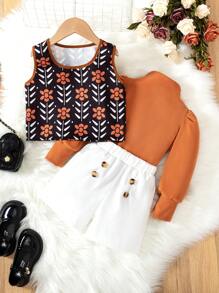 3pcs/Set Young Girl Solid Stand Collar Long Sleeve Top, Floral Print Vest And Loose Shorts Set, Casual For Autumn - Brown - View 8
