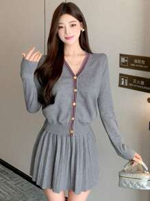 DAZY 女士新款条纹拼布前扣开衫和针织裙两件套，秋季女装女式毛衣 - 灰色 - 查看 2