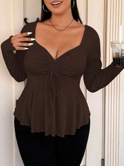 Vibekara 心形领前抽绳罗纹长袖 T 恤，加大码