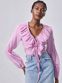 Chiquease 女士亚麻外观衬衫，带可调节饰边，V 领，宽松长袖，弹性袖口，同色面料分层装饰 - 紫丁香色 - 查看 6