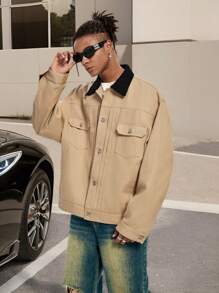 Manfinity VCAY Áo khoác dài tay dệt rộng rãi và áo khoác ngoài cho nam, áo khoác kaki đi bộ đường dài cổ điển nhiều màu, quà tặng cho bạn bè, chồng, bạn trai, cho mùa thu đông - Màu Khaki - Xem 3