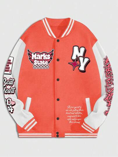 Street Life Men's Autumn Winter Casual Color Block Slogan Printed Jacket