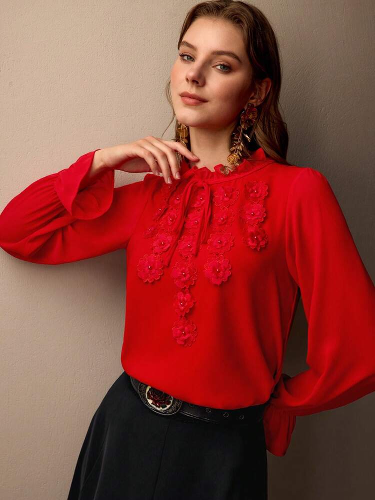 Blusa con cuello de tortuga con volantes, detalle floral estéreo y mangas acampanadas, para ropa de Año Nuevo