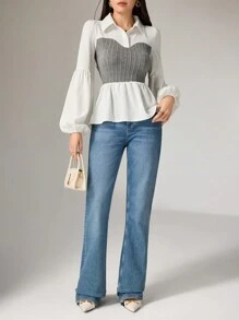 Heiryn Women's Color Blocking Ruffle Hem Long Sleeve Blouse, Autumn - Grey - View 6