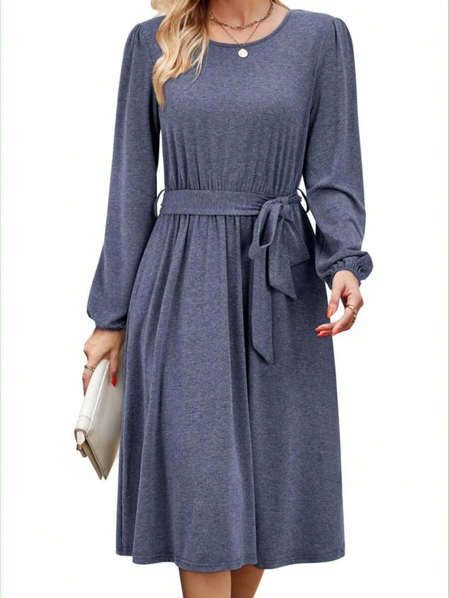 INAWLY Đầm dài vừa phải giản dị cổ tròn buộc dây phía trước cho nữ - Màu xanh lam - Xem 1