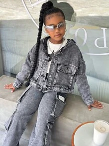 SHEIN Streecool Kids Oversized Girls' Fashion Baggy Pockets Design Drop Shoulder Hoodie Denim Jacket'