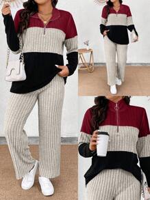 Calvaya 加大码领口拉链装饰柔软针织长袖条纹拼布T恤和柔软罗纹裤两件套