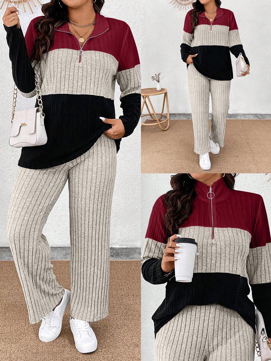 Calvaya 加大码领口拉链装饰柔软针织长袖条纹拼布T恤和柔软罗纹裤两件套
