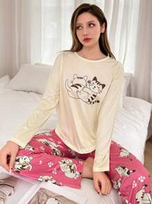 可爱猫咪印花女式长袖睡衣套装 - 彩色 - 查看 2