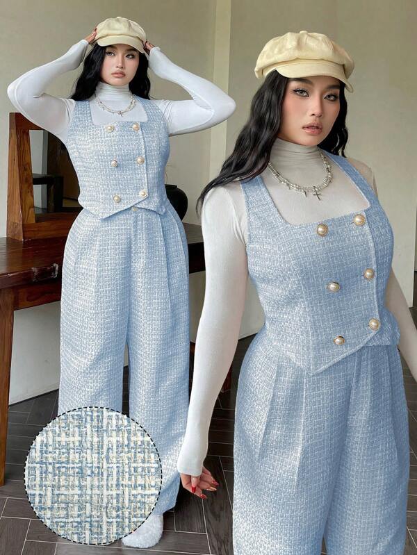 Flirla Traje de chaleco y pantalón con botones y contraste de color texturizado, adecuado para la época de otoño/invierno, en talla grande, outfit casual y formal para trabajo, cita y fiesta