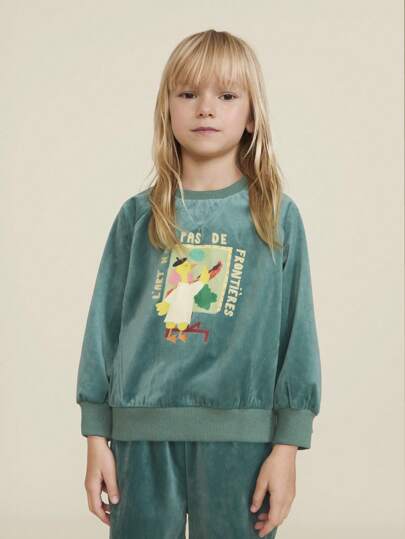 Maija Kids Maija Kids 年轻女孩绿色休闲卡通字母印花圆领落肩长袖宽松T恤，秋冬