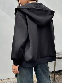 INAWLY 女士秋冬新款宽松休闲复古印花拉链连帽衫运动衫 - 黑色 - 查看 2