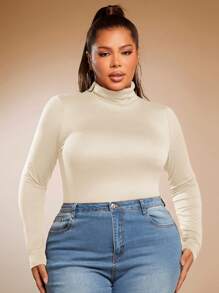 SHEIN SXY Plus Size Solid Color Slim Fit High-Necked Long Sleeve All-Match T-Shirt Basic Tees Fall - Beige - View 8