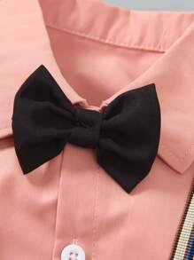 SHEIN Young Boy Gentleman 2 Pieces Set: Long Sleeve Shirt + Suspender Pants, Elegant Outfit For Valentine's Day, Birthday Party, Evening Event, Wedding, Christening, Anniversary - Pink - View 6
