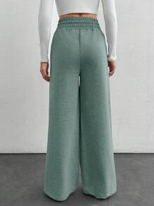 Cottnline Petite Drawstring Waist Wide Leg Pants - Mint Green - View 2