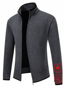 Manfinity Homme 1pc Men Knitted Cardigan Sweater, New Arrival Warm Going Out Plain Chunky Cardigan Casual Dark Grey Cardigan, For Husband, Boyfriend Gifts - Dark Grey - View 4