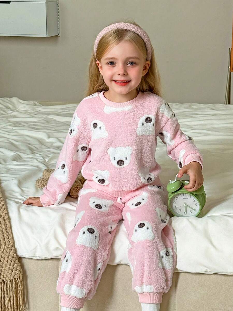 SHEIN LMoss Kids 2pcs Young Girl Cute Teddy Bear Pattern Round Neck Long Sleeve Top And Flannel Pajama Pants Sleepwear Set, Soft And Comfortable, Suitable For Autumn/Winter - Baby Pink - View 1