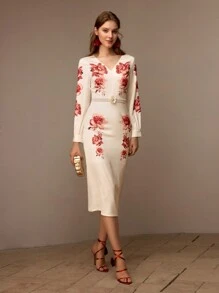 MOTF Vestido midi de corte slim con estampado floral, cuello en V y detalles de rhinestones, sin cinturón - Multicolor - Ver 4