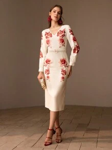 MOTF Vestido midi de corte slim con estampado floral, cuello en V y detalles de rhinestones, sin cinturón - Multicolor - Ver 5