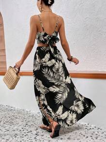 SHEIN VCAY Bộ đồ hai mảnh in họa tiết hoa nhiệt đới đi biển mùa hè & váy xẻ đùi hở đùi cho nữ mùa hè - Nhiều màu - Xem 2