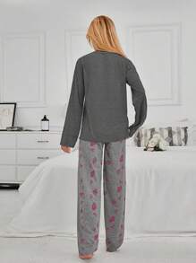 EURMUSE 100% Cotton 2Pcs  Contrast Colour Heart Printed PJ Set - Dark Grey - View 2