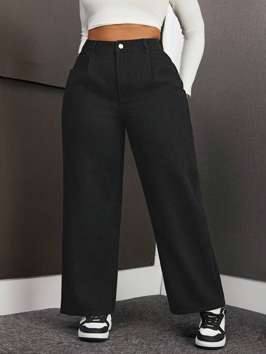 Quần Jeans Ống Đứng Dáng Rộng Túi Trơn Size Lớn - màu đen - Xem 1