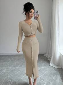 Chiquease 2pcs Women Autumn Simple Elegant Ruffled Hem Sweater And Button Decor Sweater Skirt Set - Khaki - View 8