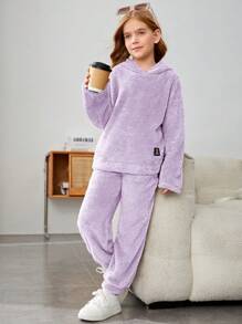 SHEIN Tween Mädchen 2-teiliges Set - einfarbiges flauschiges Kapuzen-Oberteil und extra lange Hose, locker, für Herbst und Winter, lässig - Mauve - Übersicht 2