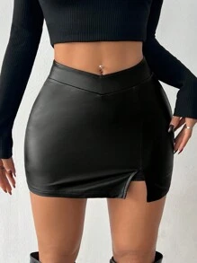 SHEIN PETITE Falda casual de mujer pequeña de unicolor con cuero elástico PI, plisada con abertura lateral en el bajo, para mujer pequeña - Negro - Ver 8
