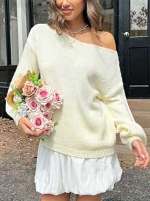 INAWLY Women Casual Loose Fit Solid Color Drop Shoulder Sweater, Autumn/Winter