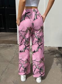 INAWLY Pantalones rectos de mujer informales con estampado de hojas rosadas