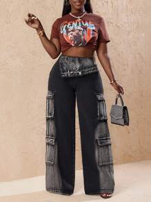 Slaydiva 女式实用口袋宽腿宽松腰部翻领休闲牛仔裤 - 黑色 - 查看 6