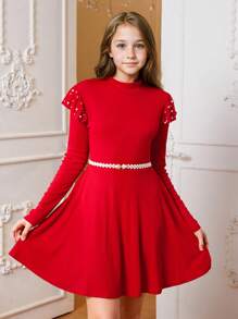 SHEIN Tween Girls Christmas Casual Solid Color Knitted Crew Neck Long Sleeve Dress - Red - View 1