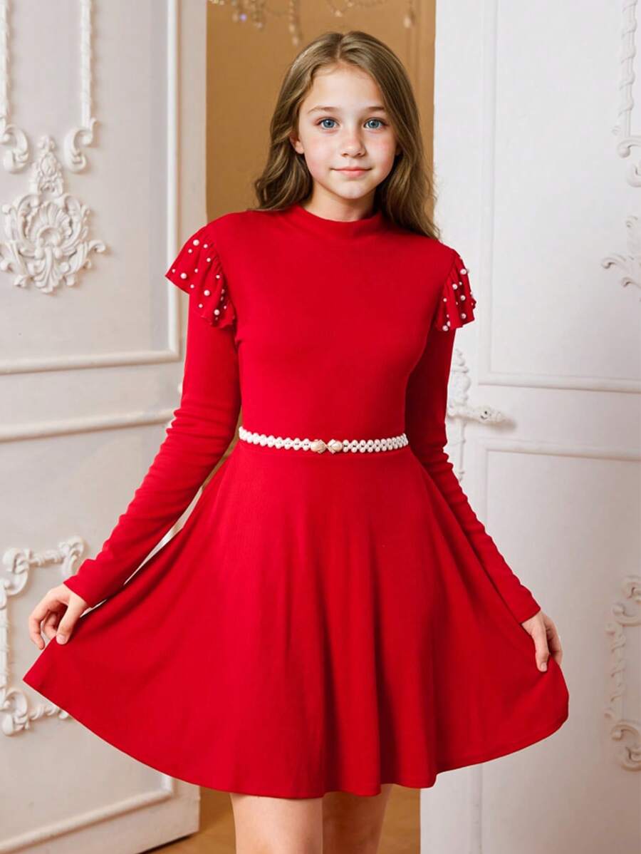 SHEIN Tween Girls Christmas Casual Solid Color Knitted Crew Neck Long Sleeve Dress - Red - View 1