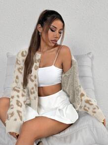 SHEIN Unity Áo khoác cardigan ngắn họa tiết da báo cho nữ, thường ngày cho mùa thu/đông - Màu be - Xem 5
