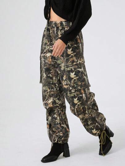 SHEIN EZwear Pantalones de mujer tejidos de estampado completo con cintura elástica y bolsillos