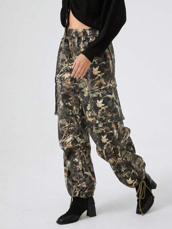 SHEIN EZwear Pantalones de mujer tejidos de estampado completo con cintura elástica y bolsillos